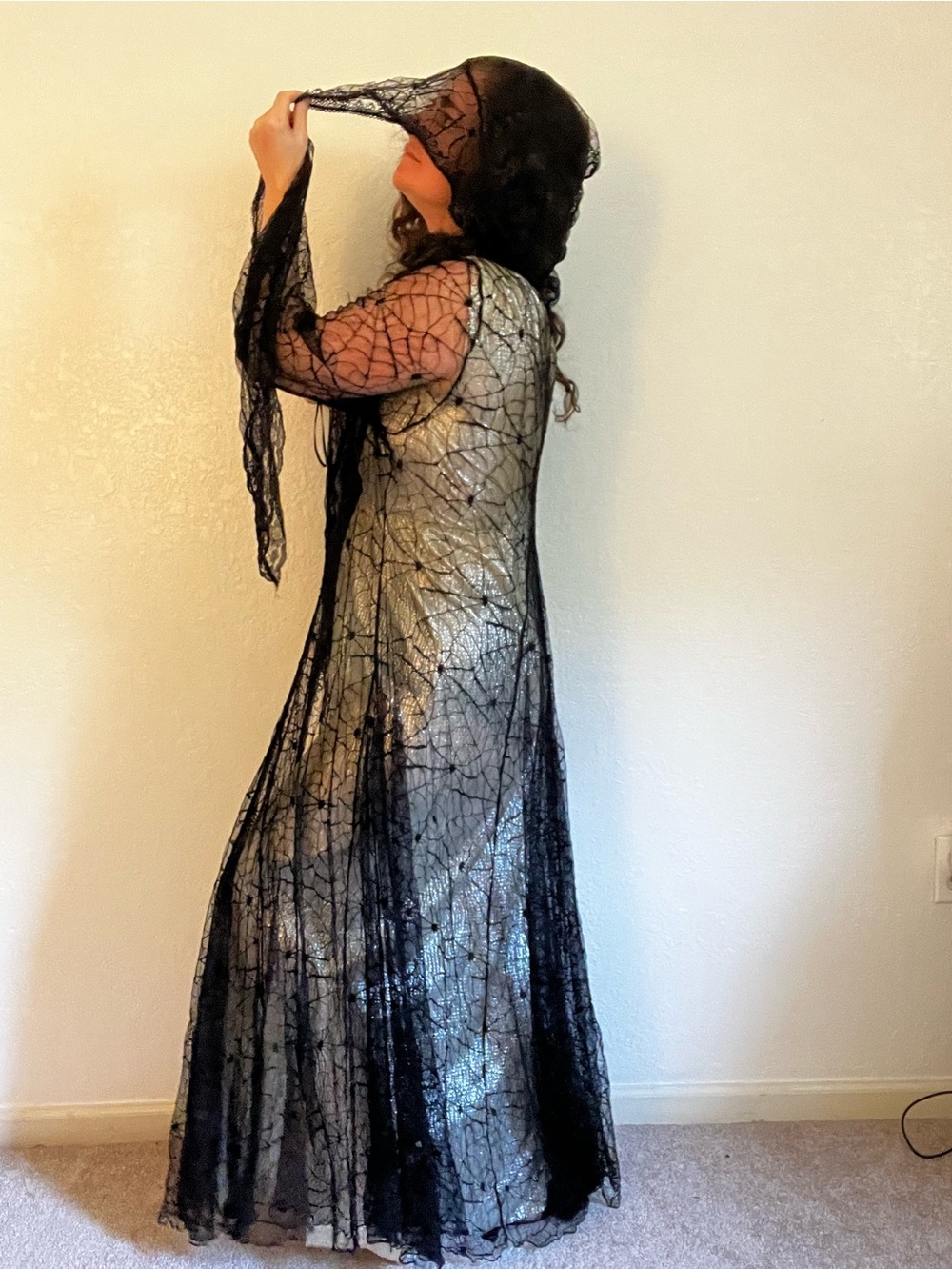 Soft Whimsigoth / Witchy Goddess Hooded Lace Duster Gown Flare Sleeve Cloak (3X) - Picture 9 of 13